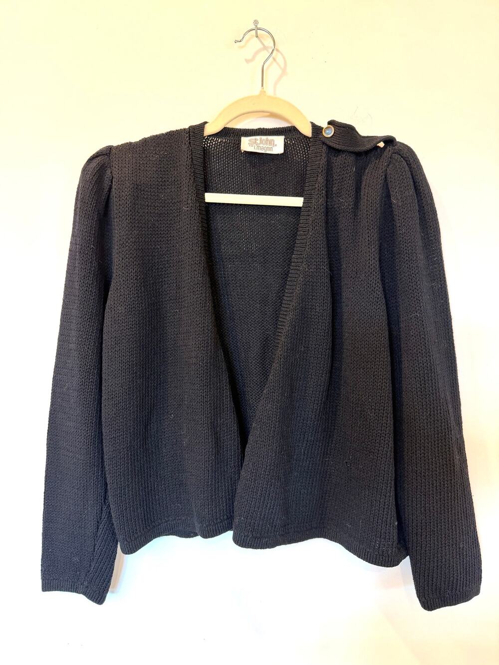 Vtg 80s St John Santana Knit Open Cardigan Black Large Epaulette old money